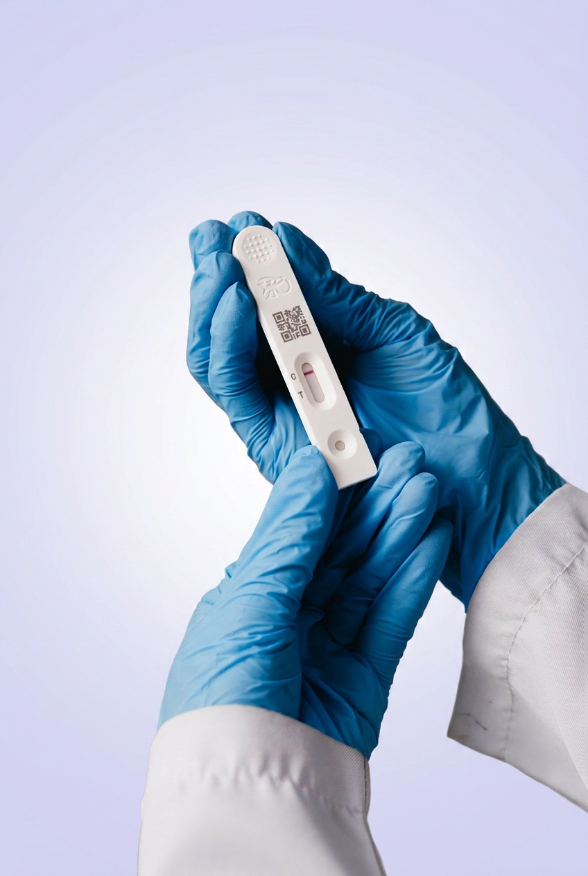 Profissional de saúde segurando o Demência Rapid Test com luvas
